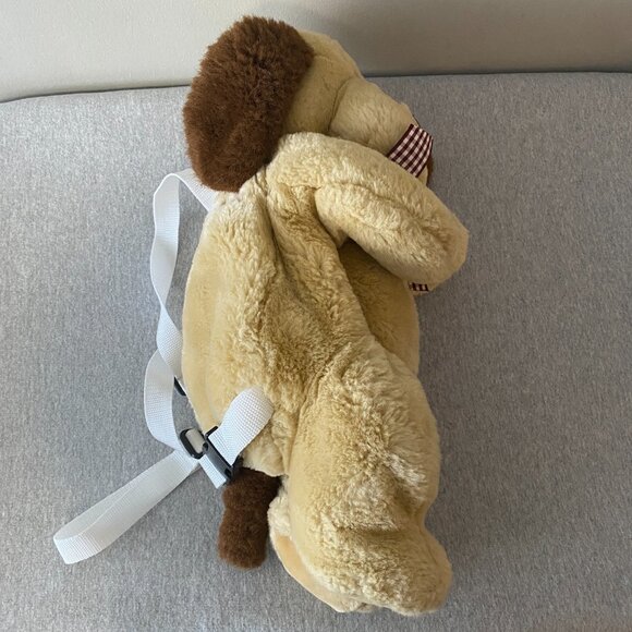 Cute Brown Tan Burgundy White Gingham Bow Puppy Dog Plush Backpack 18" - Picture 4 of 13